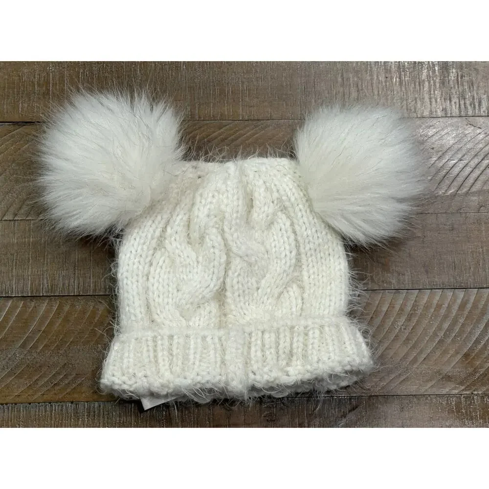 Primark Ivory Cable Knit Double Pom Pom Sweater Hat Beanie